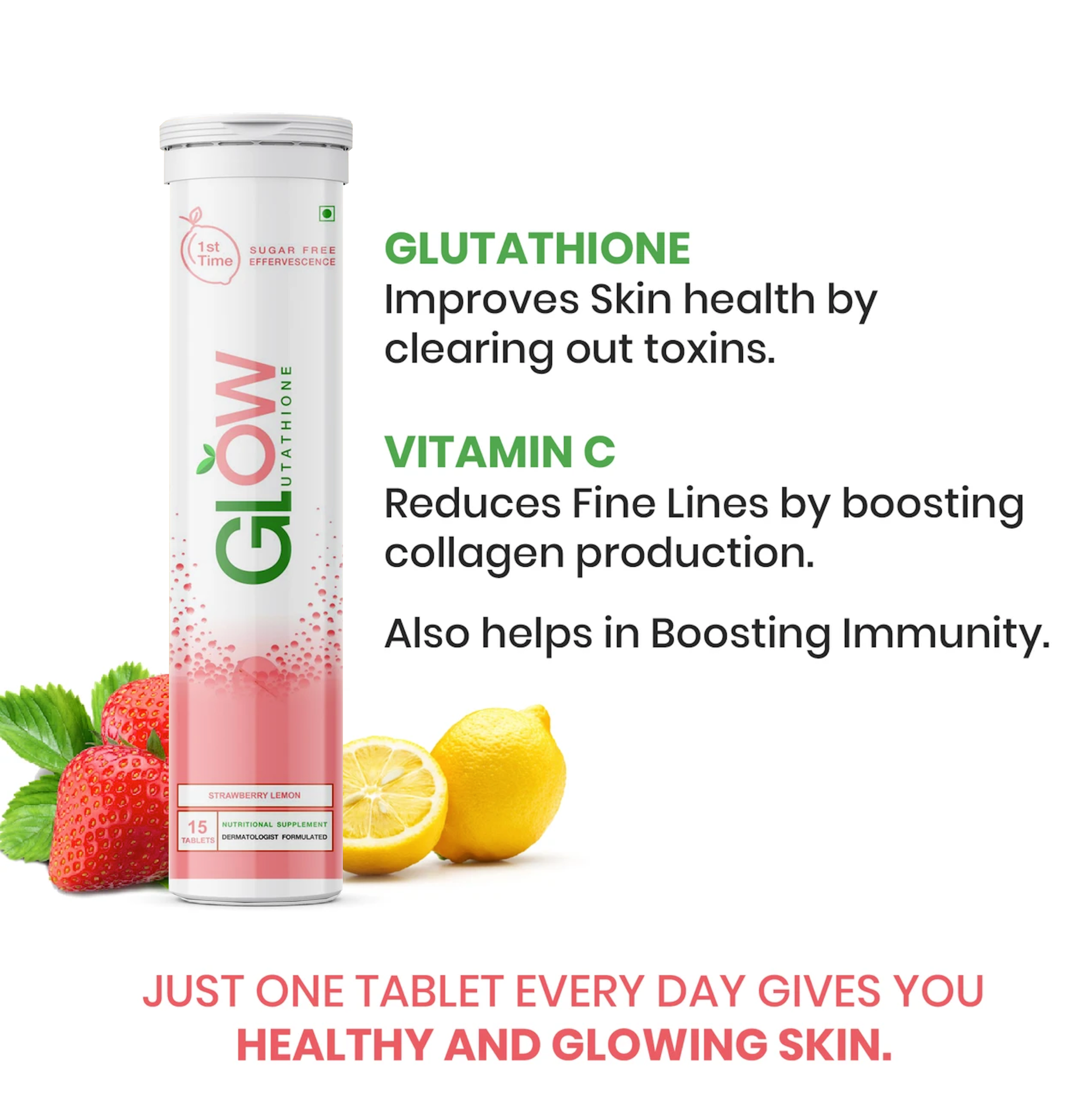 Glow Glutathione</br>2 in 1 L-Glutathione 500mg + Vitamin C 1000mg- 15  Effervescent Tablets