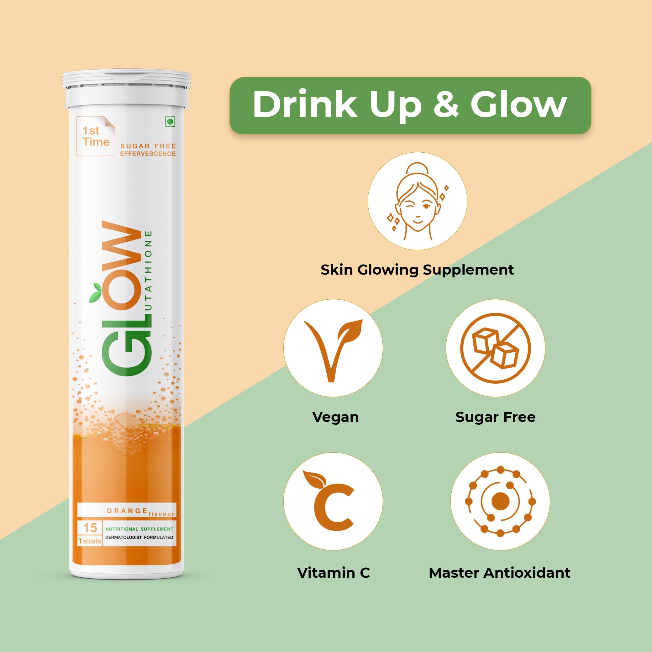 Glow Glutathione 2 in 1 L-Glutathione 500mg + Vitamin C 1000mg- 15 Effervescent Tablets